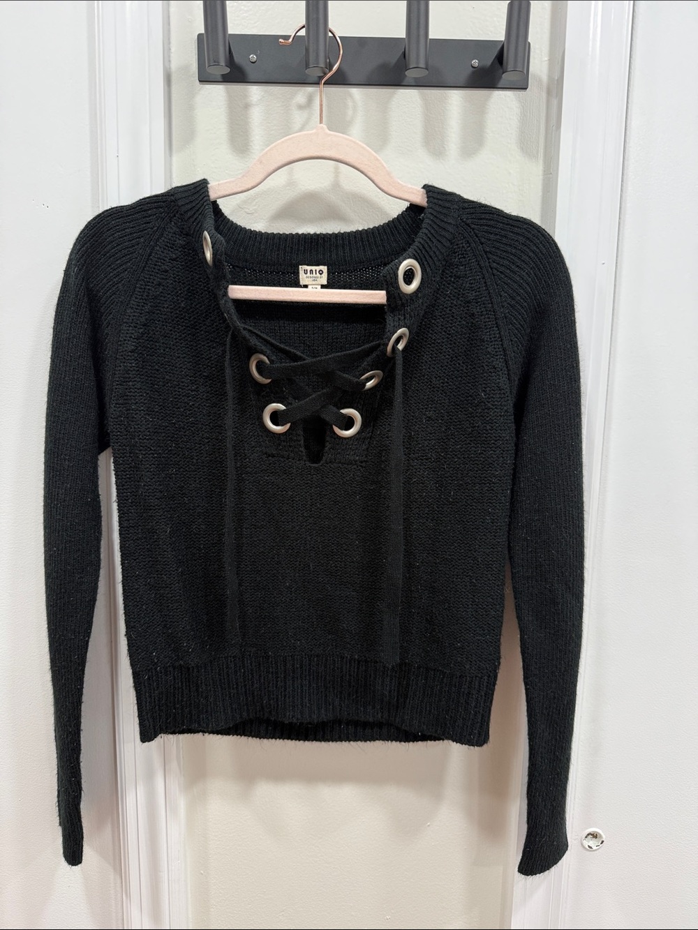 UNIQ Black Lace-Up Grommet Knit Crewneck Sweater